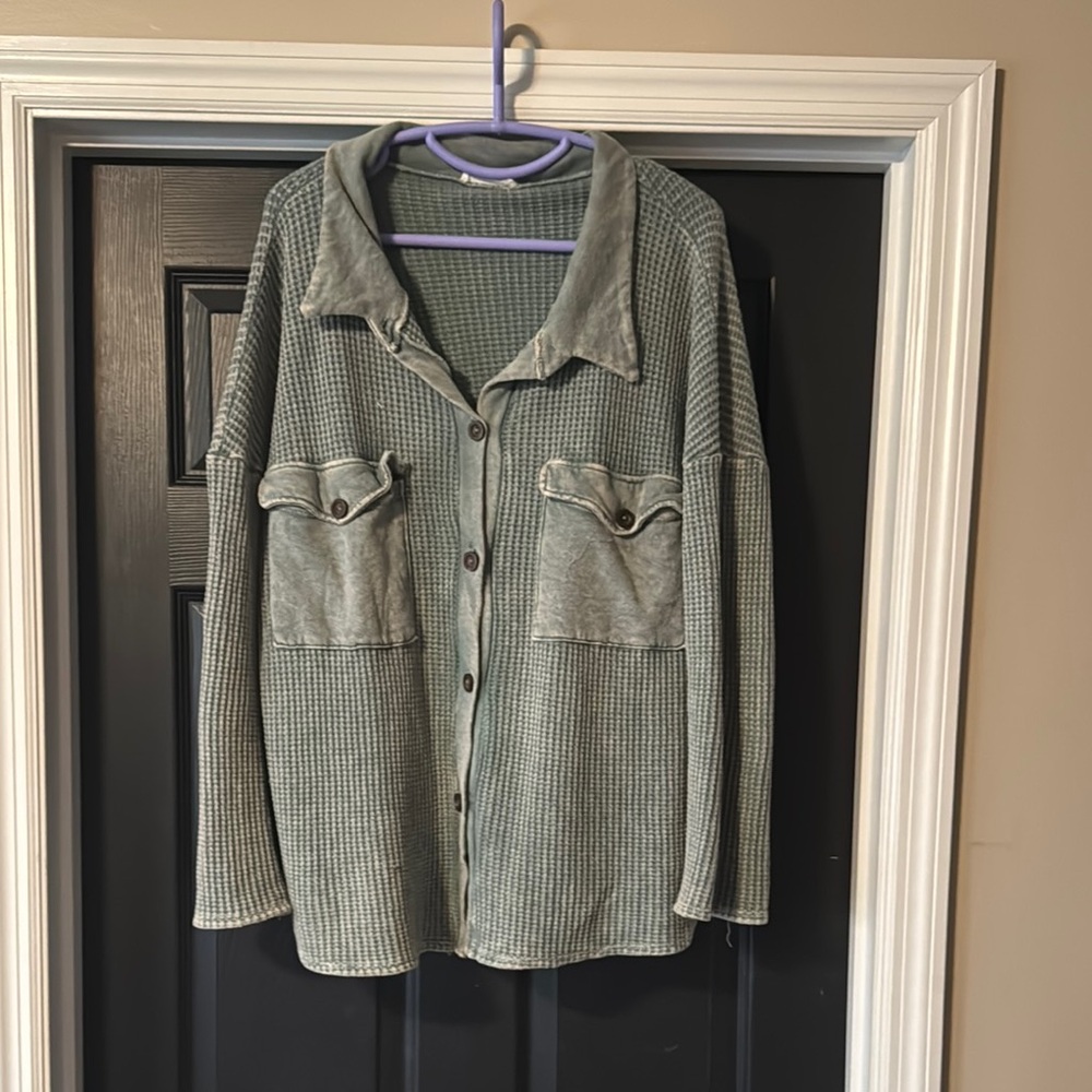 Green Button-Up Waffle Knit Jacket